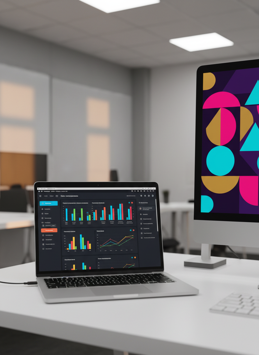 Un ordenador portátil de aluminio abierto sobre un escritorio blanco impecable muestra en su pantalla un panel de control de campañas publicitarias digitales con gráficos de barras y líneas en colores vibrantes, sobre un fondo de interfaz oscuro y elegante. A la derecha, un gran monitor vertical exhibe un anuncio digital creativo para una empresa, con bloques de color y formas geométricas llamativas sin texto legible. El entorno es una oficina moderna con paredes claras y detalles tecnológicos discretos. Luz lateral de tarde, ligeramente cálida, que perfila los bordes de los dispositivos y genera sombras suaves. Cámara en plano medio, ligeramente elevada, siguiendo la regla de los tercios. La atmósfera transmite precisión, estrategia y resultados medibles, con un estilo fotográfico profesional y corporativo.